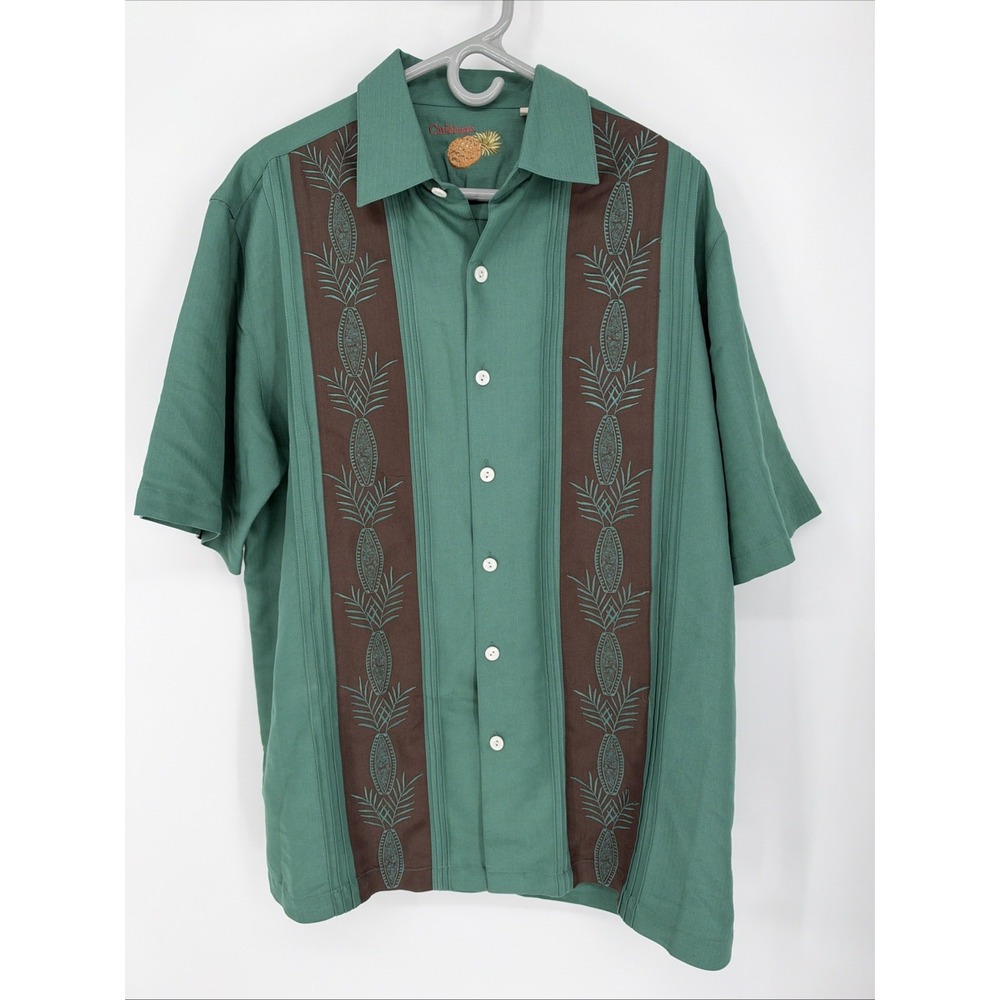 Caribbean Hawaiian Short Slv Shirt Mens Sz Large Green Embroidered Camp Tropical